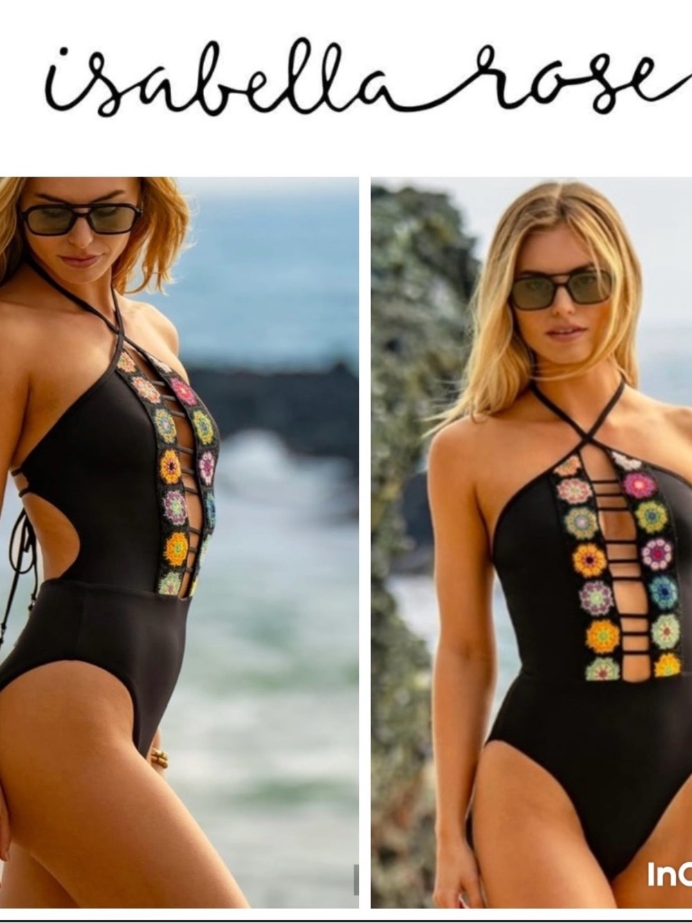 Isabelle Rose Black Floral Crochet-Front One-Piece Swimsuit
